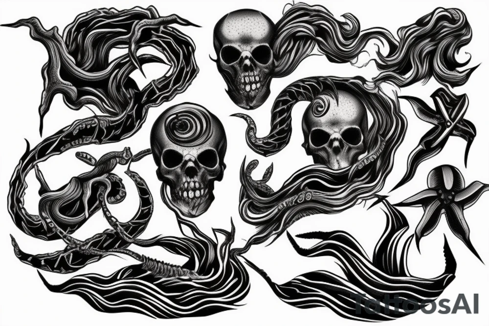 Dark rough sea waves trident snake skull tattoo idea