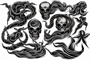 Dark rough sea waves trident snake skull tattoo idea