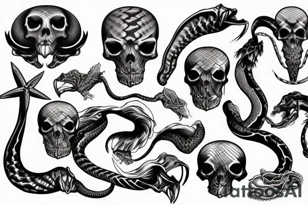 Dark rough sea waves trident snake skull tattoo idea