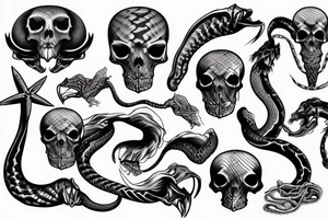 Dark rough sea waves trident snake skull tattoo idea