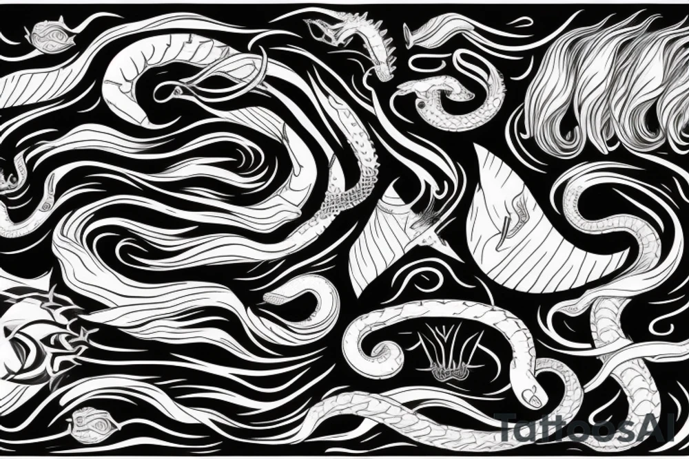 Dark rough sea waves trident snake tattoo idea