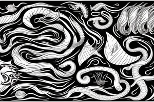 Dark rough sea waves trident snake tattoo idea
