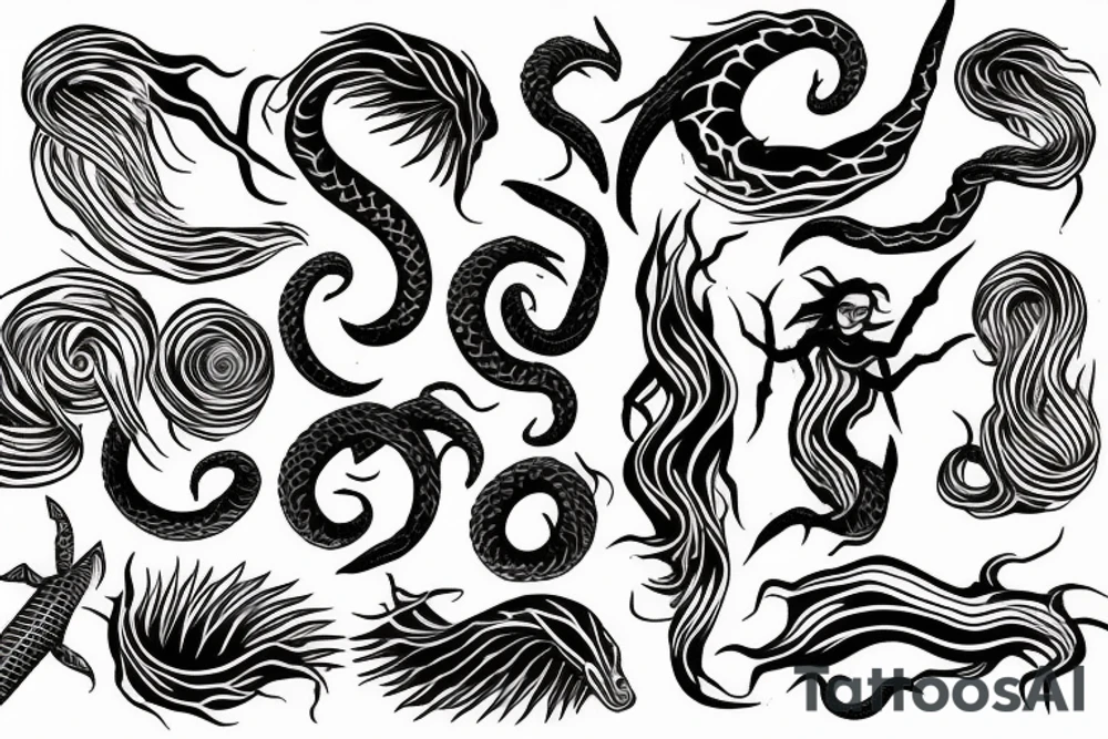 Dark rough sea waves trident snake tattoo idea