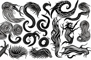 Dark rough sea waves trident snake tattoo idea
