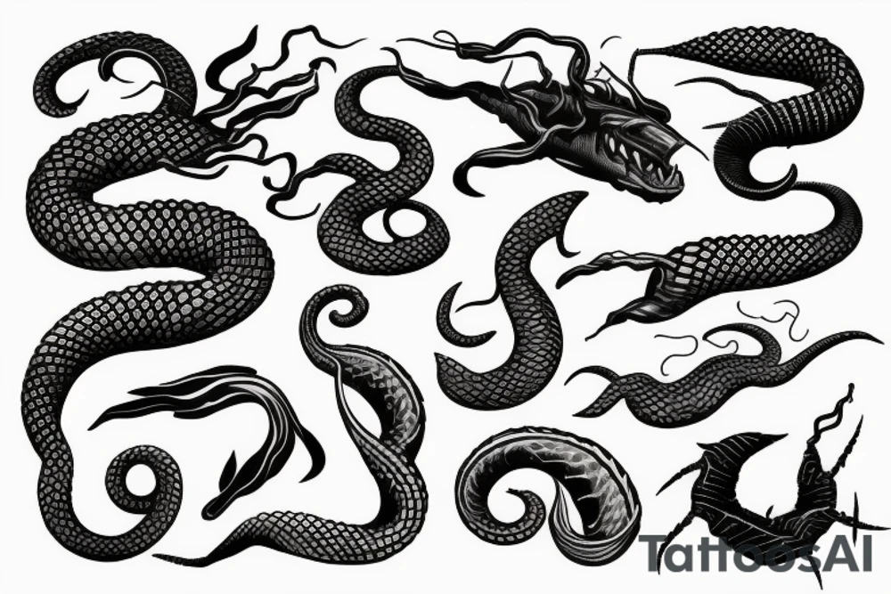 Dark rough sea waves trident snake tattoo idea