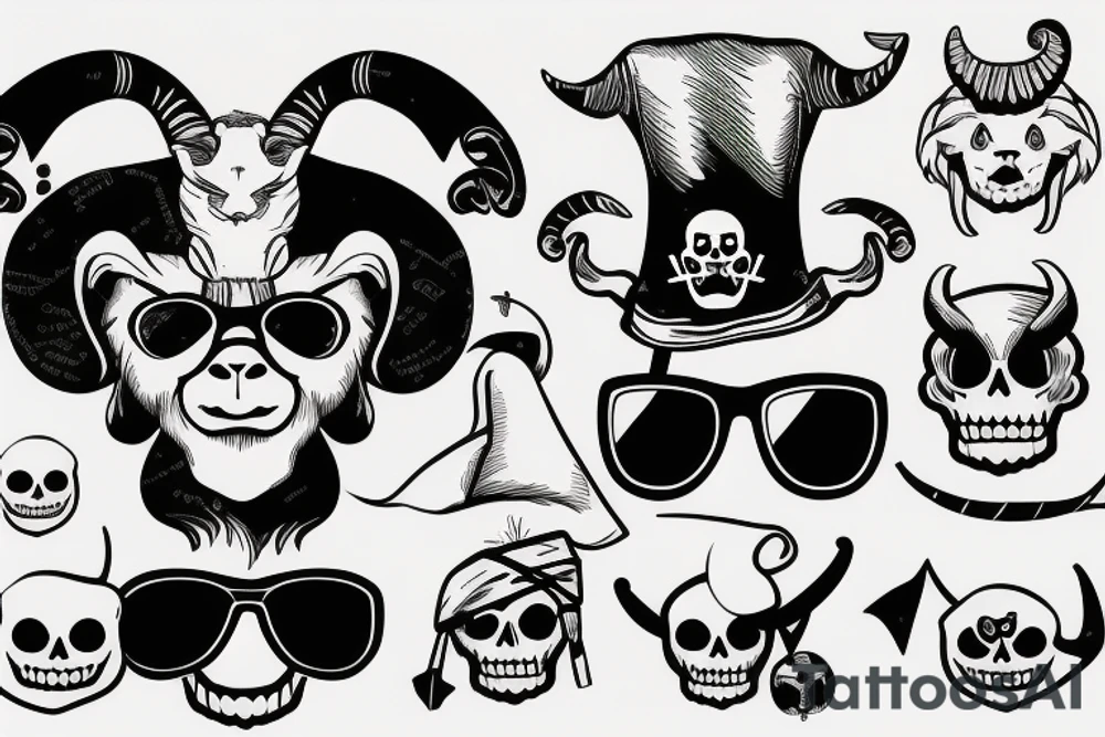 Goat with sunglasses and a pirate hat tattoo idea