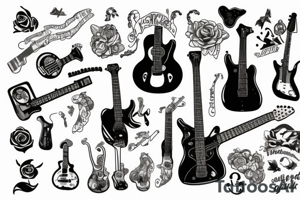 Guitar with rock no roll related things tattoo idea