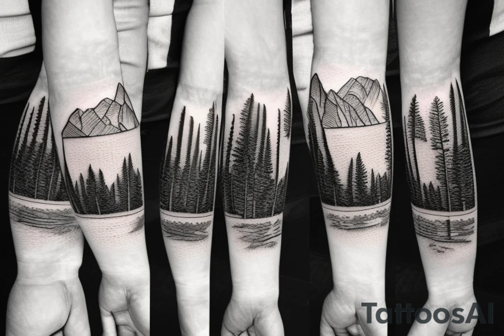 mountains, pine trees, lake, and a gate in front tattoo idea mountains, pine trees, lake, and a gate in front tattoo idea
