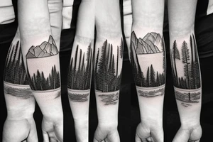 mountains, pine trees, lake, and a gate in front tattoo idea