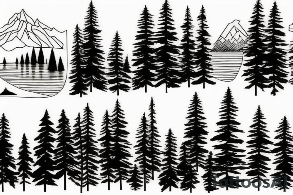 mountains, pine trees, lake, and a gate in front tattoo idea mountains, pine trees, lake, and a gate in front tattoo idea