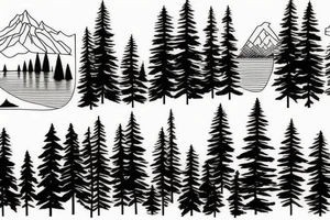 mountains, pine trees, lake, and a gate in front tattoo idea
