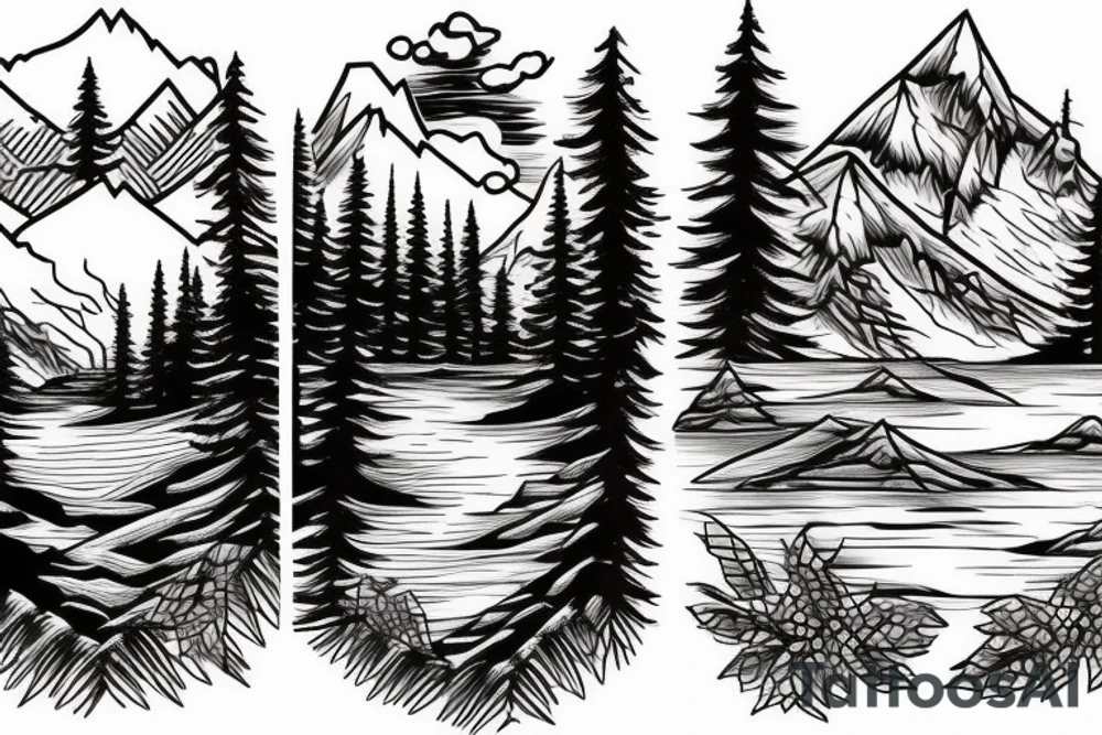 mountains, pine trees, lake, and a gate in front tattoo idea