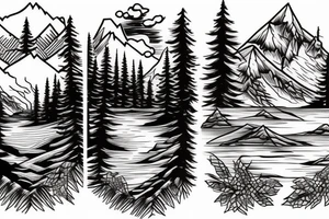 mountains, pine trees, lake, and a gate in front tattoo idea