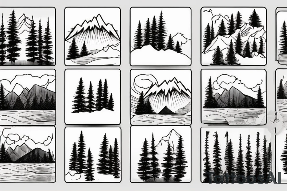 mountains, pine trees, lake, and a gate in front tattoo idea