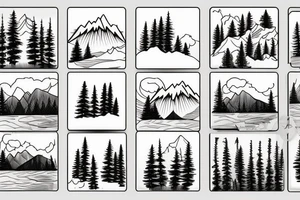 mountains, pine trees, lake, and a gate in front tattoo idea