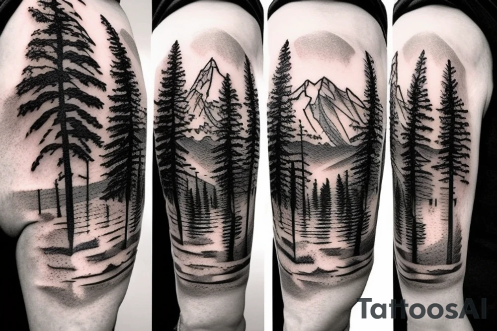 mountains, pine trees, lake, and a gate in front tattoo idea mountains, pine trees, lake, and a gate in front tattoo idea