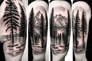 mountains, pine trees, lake, and a gate in front tattoo idea