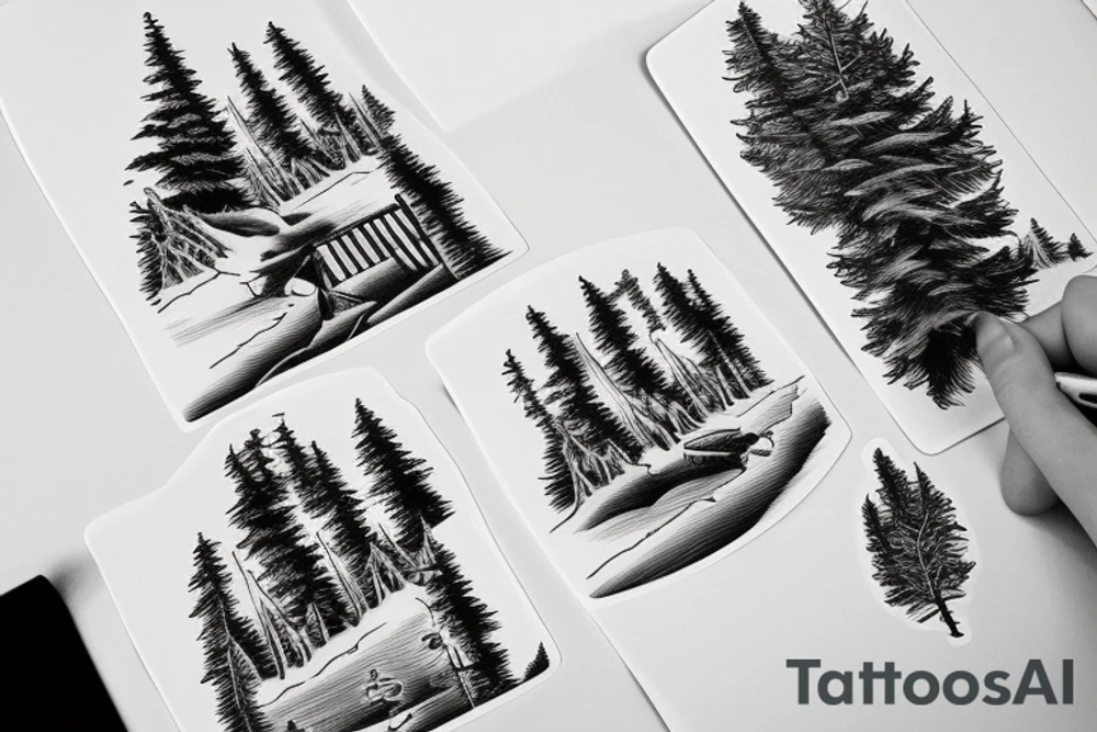 mountains, pine trees, lake, and a gate in front tattoo idea