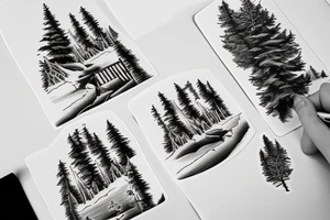 mountains, pine trees, lake, and a gate in front tattoo idea