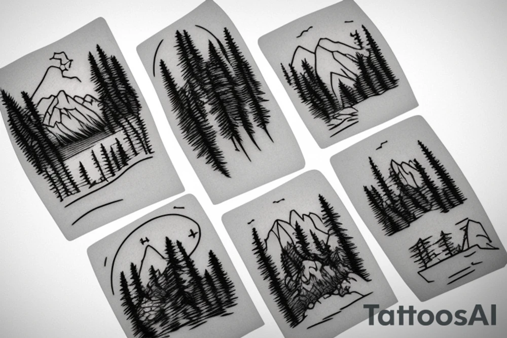 mountains, pine trees, lake, and a gate in front tattoo idea