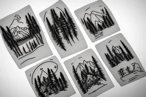 mountains, pine trees, lake, and a gate in front tattoo idea