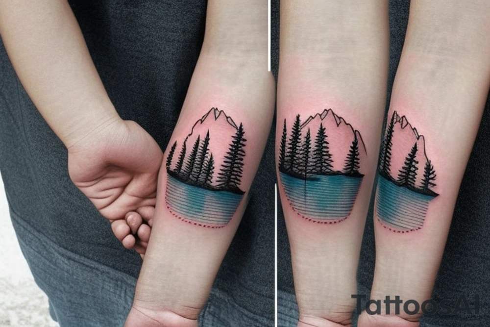 mountains, pine trees, lake, and a gate in front tattoo idea