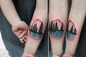 mountains, pine trees, lake, and a gate in front tattoo idea