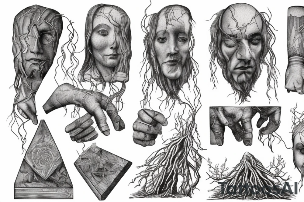 Roots are bounded by stone geometric monument (effigy) tattoo idea