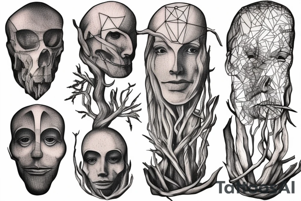 Roots are bounded by stone geometric monument (effigy) tattoo idea
