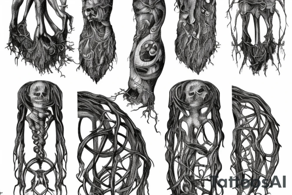 Roots are bounded by stone geometric monument crubling to the earth gloomy tattoo idea Roots are bounded by stone geometric monument crubling to the earth gloomy tattoo idea
