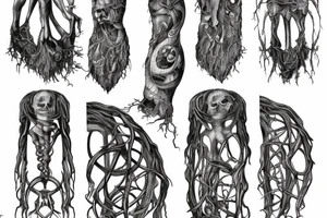 Roots are bounded by stone geometric monument crubling to the earth gloomy tattoo idea
