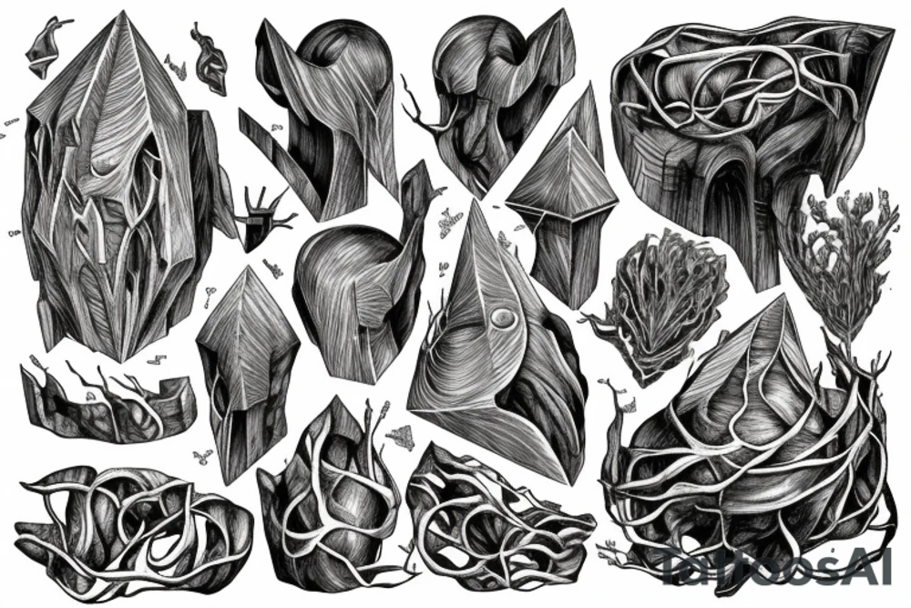 Roots are bounded by stone geometric monument crubling to the earth gloomy tattoo idea Roots are bounded by stone geometric monument crubling to the earth gloomy tattoo idea