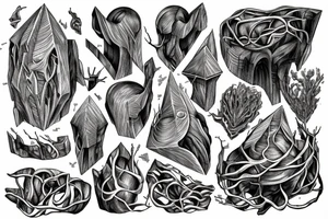 Roots are bounded by stone geometric monument crubling to the earth gloomy tattoo idea