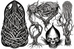 Roots are bounded by stone geometric monument crubling to the earth. gloomy gate
slumber tattoo idea