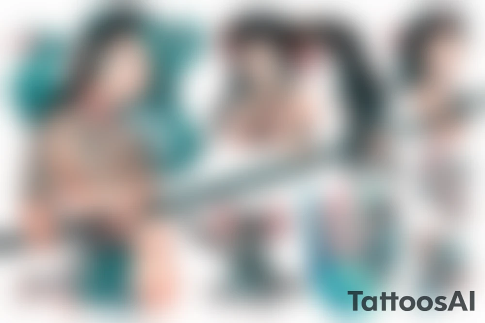 Female samurai with chest wrap, teal pig tails holding a partially sheathed katana. tattoo idea