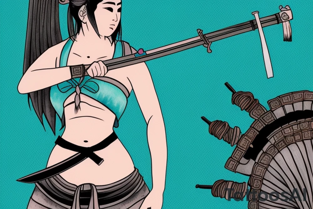 Female samurai with chest wrap, teal pig tails holding a partially sheathed katana. tattoo idea