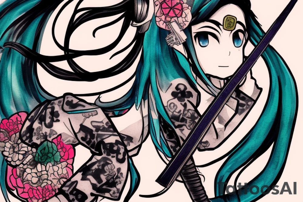 Hatsune Miku samurai with chest wrap holding a partially sheathed katana. tattoo idea