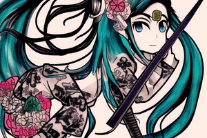 Hatsune Miku samurai with chest wrap holding a partially sheathed katana. tattoo idea