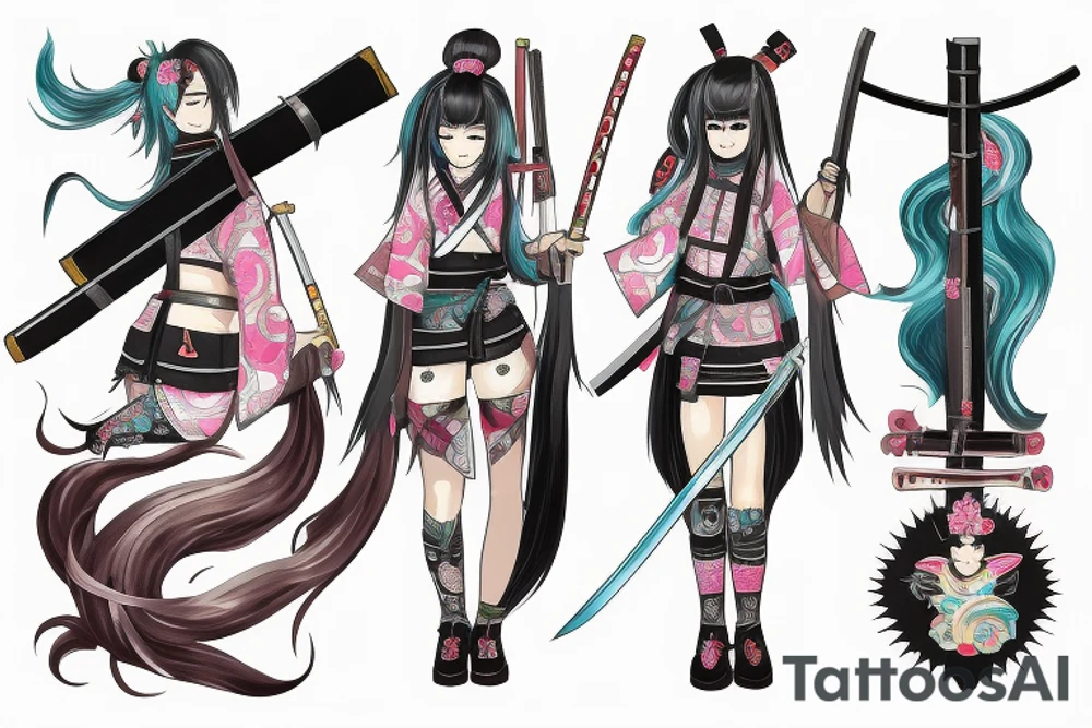 Hatsune Miku samurai with chest wrap holding a partially sheathed katana. tattoo idea