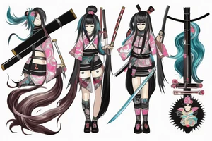 Hatsune Miku samurai with chest wrap holding a partially sheathed katana. tattoo idea