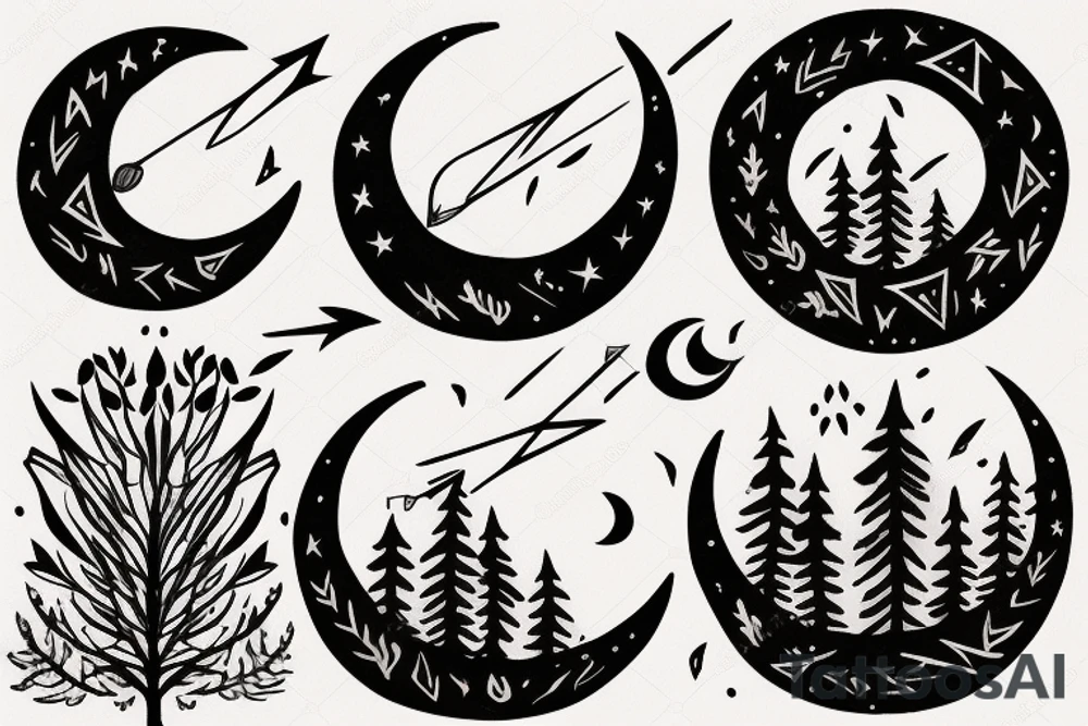 Crescent moon that has a forest in the background with an arrow going through it tattoo idea