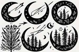 Crescent moon that has a forest in the background with an arrow going through it tattoo idea