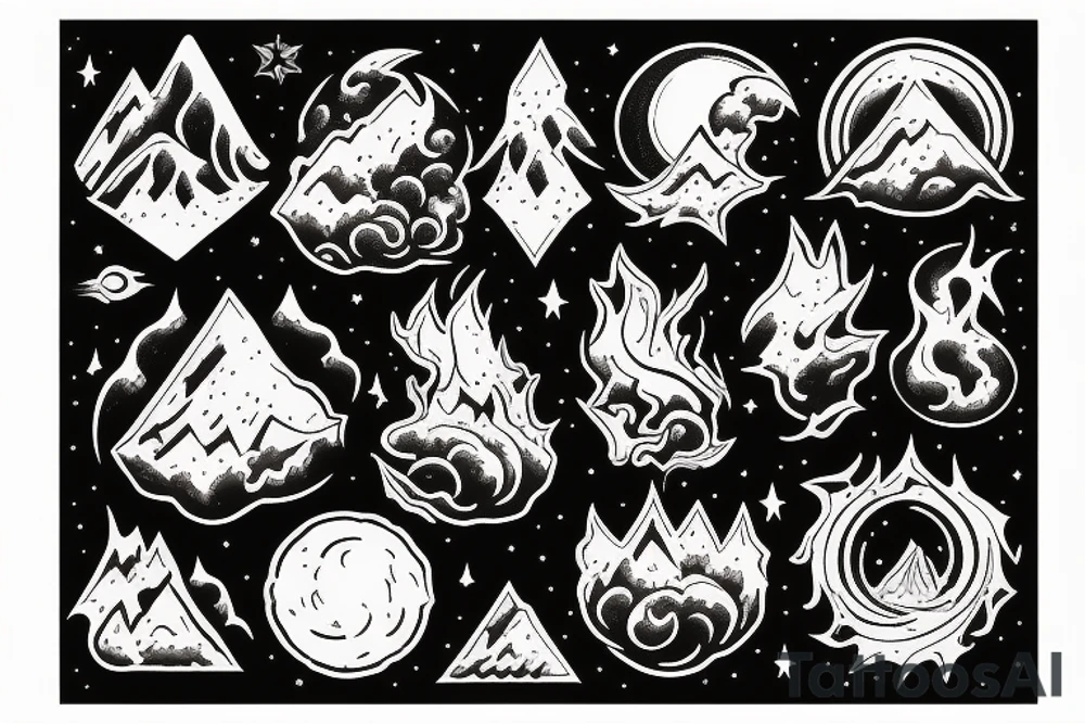 Mountain surrounded by fire and universe tattoo idea