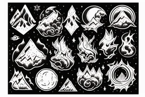 Mountain surrounded by fire and universe tattoo idea