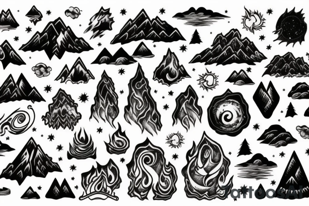 Mountain surrounded by fire and universe tattoo idea