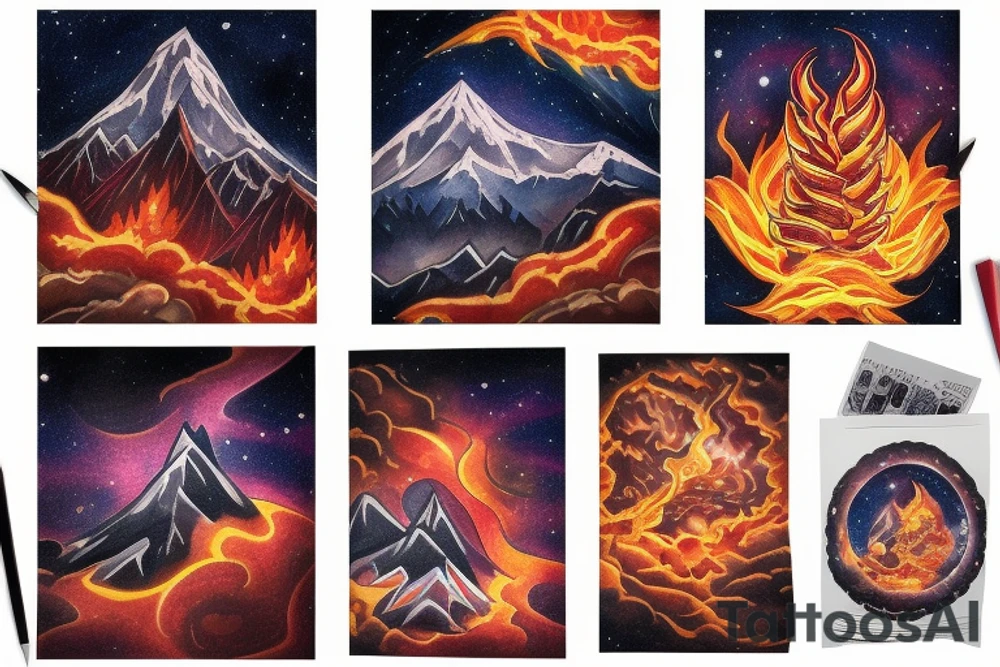 Mountain surrounded by fire and universe tattoo idea