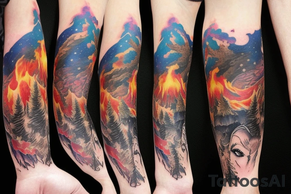 Mountain surrounded by fire and universe tattoo idea