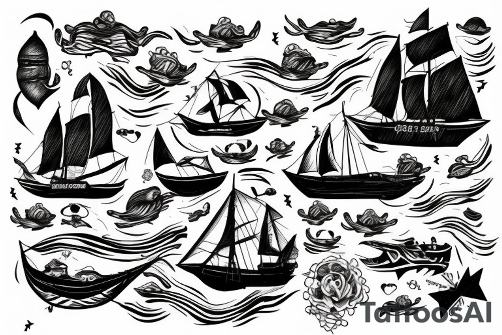 Ship on the ocean hit by lightning tattoo idea