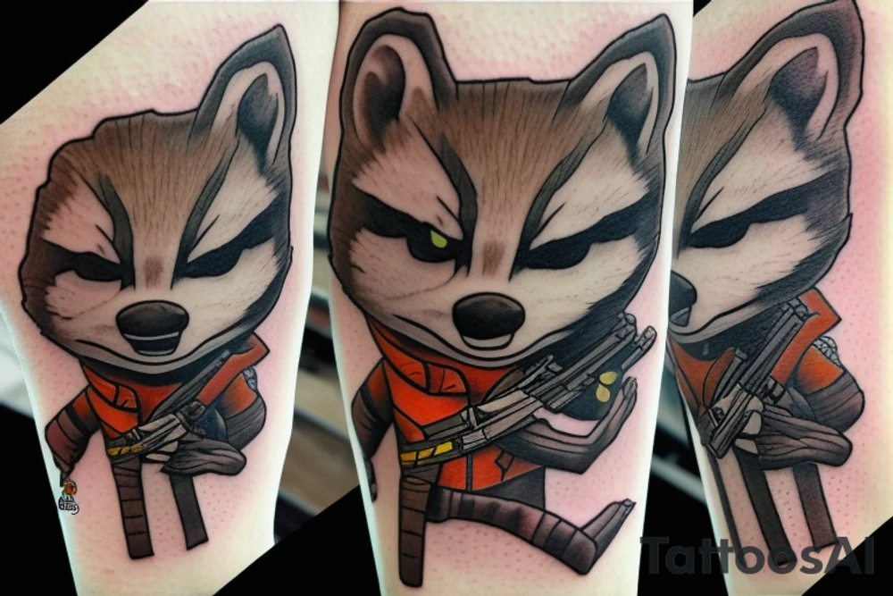 rocket raccoon holds a gun with groot tattoo idea