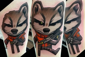 rocket raccoon holds a gun with groot tattoo idea